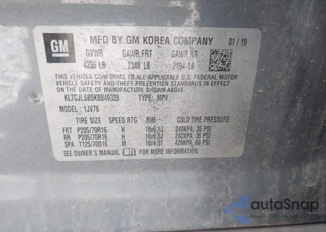 2019 Chevrolet Trax 1Lt from USA, damaged, VIN KL7CJLSB5KB849328